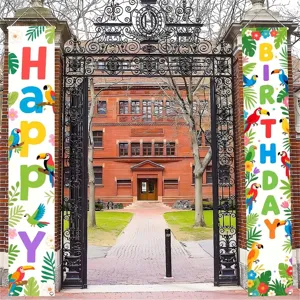Vibrant tropical parrot Happy Birthday door banners for festive outdoor decorations