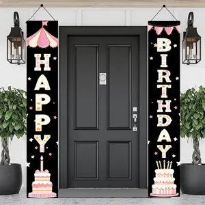 Ροζ πανό πόρτας Happy Birthday με θέμα τσίρκο για εορταστικές διακοσμήσεις πάρτι εξωτερικού χώρου