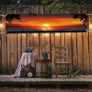 Hochwertiges dekoratives Gartenbanner mit tropischem Kokoshain-Sonnenuntergang am Meer.