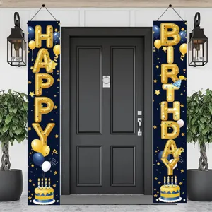Κομψά μπλε και χρυσά πανό Happy Birthday για εορταστική διακόσμηση πόρτας πάρτι