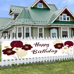 Vintage floral Happy Birthday banner with balloons for indoor and outdoor party decor