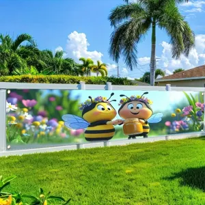 Cartoon Biene Geburtstagsparty Banner mit Blumenmeer Print an einem weißen Gartenzaun