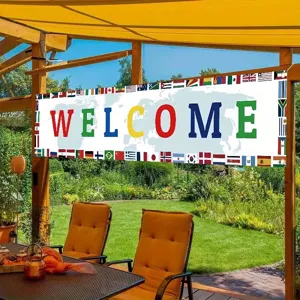 Colorful Welcome banner featuring multinational flags and world map for yard decoration