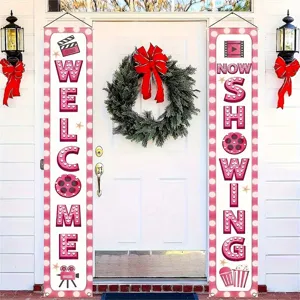 Movie Night Theme Welcome Porch Sign Banner Movie Theater Decor Film Strip Clapperboard Popcorn Pattern Pongee Door Banners Home Party Decoration