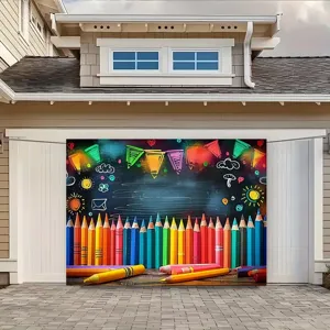 Back to school photography backdrop featuring hand-drawn colored pencils and blackboard design