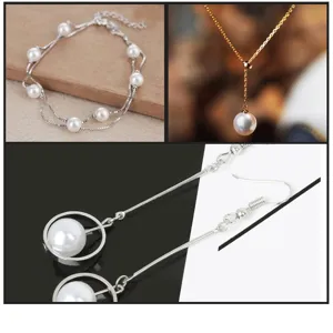 Detail view of pearl jewelry set including bracelet, necklace, and drop earrings.
