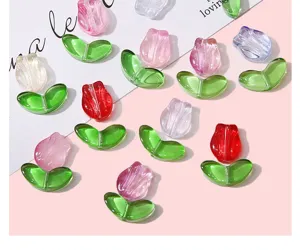 Macro detail of colorful gradient glass tulip flower beads for DIY jewelry and crafts