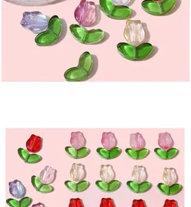 Detailed view of high-quality gradient jelly pink glass tulip flower beads for DIY crafts