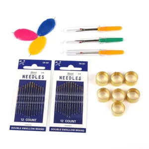 Kit de costura completo con 24 agujas, enhebradores, abreojales y dedales dorados