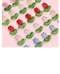 Close-up display of assorted colorful jelly glass tulip beads for DIY handmade jewelry crafting