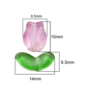 Gradient pink glass tulip and green leaf petal beads for DIY jewelry making 10mm