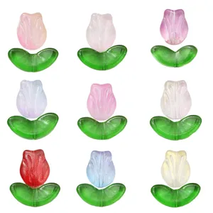 Set of colorful gradient glass tulip beads and green leaves for DIY jewelry making.