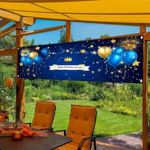 Blue Gold Birthday Decoration Banner Happy Birthday Party Backdrop Outdoor Indoor Hanging Flag Balloon Crown Pattern Polyester Banner