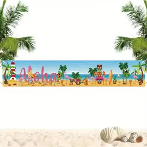 Striscione per feste a tema spiaggia Aloha Hawaii con fenicotteri e palme decorativi