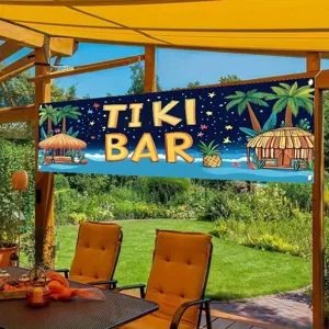 Τροπικό πανό Tiki Bar με φοίνικες και καλύβες για διακόσμηση πάρτι σε εξωτερικό χώρο