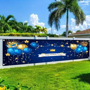 Blue and gold Happy Birthday banner for party decorations with balloons and crown motifs.