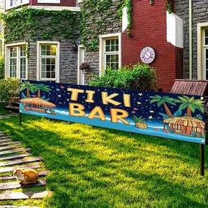 Μεγάλο τροπικό πανό Tiki Bar εξωτερικού χώρου με φοίνικες και καλύβα για πάρτι