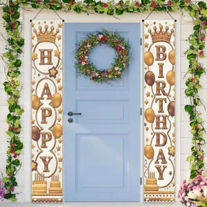 Happy Birthday Porch Sign European Crown Pattern Birthday Party Decoration Hanging Banners Festive Door Couplets For Home Yard