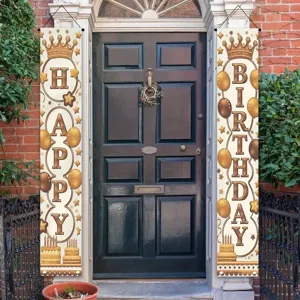 Elegant gold birthday door banners with crown and balloon motifs for outdoor party decor