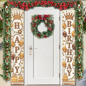 Golden birthday porch sign set with crown and balloon design on a white front door