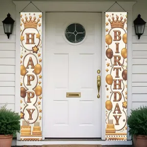 Elegant gold birthday door banners featuring crown and balloon motifs for party decor