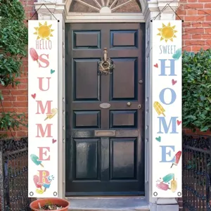 Summer porch banner set with Hello Summer and Sweet Home text and colorful ice pop print