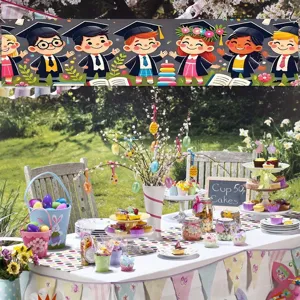 Cartoon Graduation Party Banner Decorative Pongee Polyester Background Flag With Graduation Cap Books Floral Elements Ceremony Decor Sign For School Outdoor Indoor