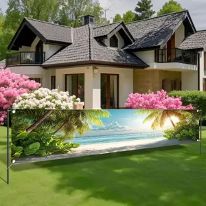 Pancarta grande de playa con palmeras tropicales para decoración de fiesta de verano al aire libre