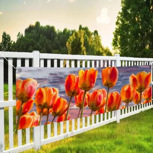 Outdoor garden banner featuring vibrant orange-red tulip prints for spring party atmosphere