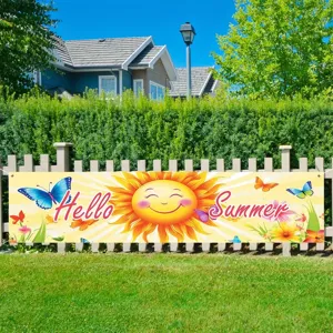 Hello Summer decorative banner with smiling sun and butterfly print for garden