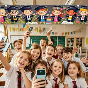 Colorful graduation cartoon banner featuring academic caps, books and student characters