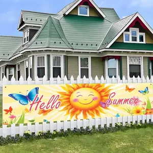 Hello Summer decorative banner with smiley sun and butterfly print for garden party decor