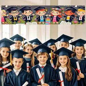 Cartoon graduation banner featuring kids in caps for school party decoration