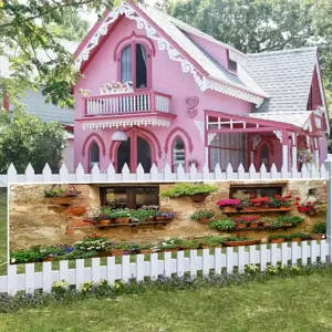 Vintage Gartenbanner mit Topfblumen und Pflanzen für die Außendekoration am Zaun