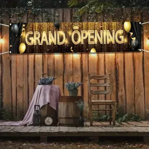 Grand Opening Banner Black Gold Glitter Balloons Crown Store Opening Decoration Polyester Banner For Outdoor Celebration