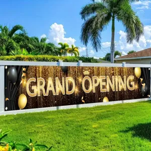 Large black and gold Grand Opening banner with balloons and glitter for shop front decoration