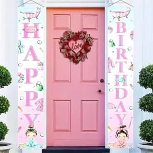Pancarta de Porche para Fiesta de Cumpleaños Temática de SPA Rosa Dibujos Animados Bandera Colgante Decorativa para Decoración de Cumpleaños