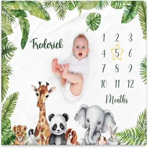 Tropical Jungle Animal Baby Monthly Milestone Blanket Newborn Photography Prop White Peach Skin Personalized Photo Backdrop