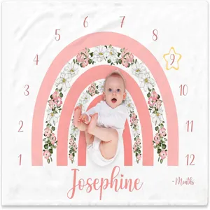 Baby Milestone Blanket Floral Rainbow Monthly Photography Prop Soft Polyester Growth Record Blanket For Newborn Infants Pink