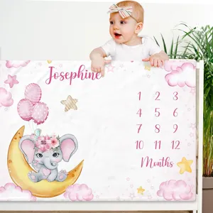 Pink moon elephant baby monthly milestone photography blanket with Josephine name