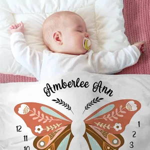 Personalized butterfly baby milestone blanket for monthly newborn photography.