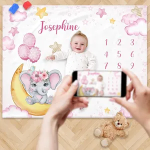 Personalized baby milestone blanket with pink elephant and moon for photography