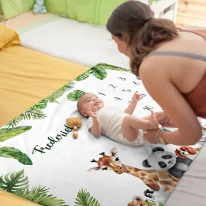 Personalized baby milestone blanket with tropical jungle animal prints for photography