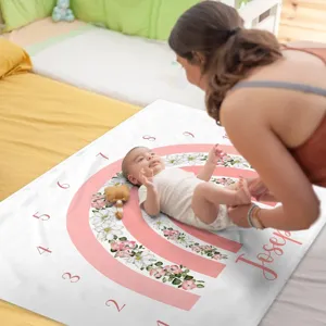Personalized baby milestone blanket featuring pink floral rainbow design and monthly numbers