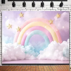 Dreamy rainbow and clouds photography backdrop for kids birthday party decor