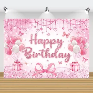 Süße Rosa Schleife Happy Birthday Fotohintergrund Polyester Mädchen Thema Party Banner Innen Außen Geburtstag Dekoration