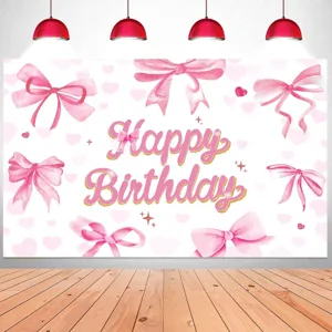 Rosa Aquarell-Schleife Fotohintergrund mit Happy Birthday Text für Partydekorationen.