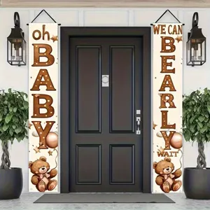 Decorative baby shower porch banners set with cute bear design and celebratory text