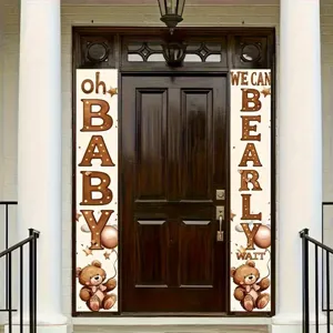 Teddy bear baby shower porch banners with oh BABY and WE CAN BEARLY WAIT text decor