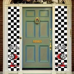 Racing Thema Veranda Banner Geblokte Vlag Racewagen Elementen Buiten Tuin Decoratie Sportief Welkomstbord Polyester Banner